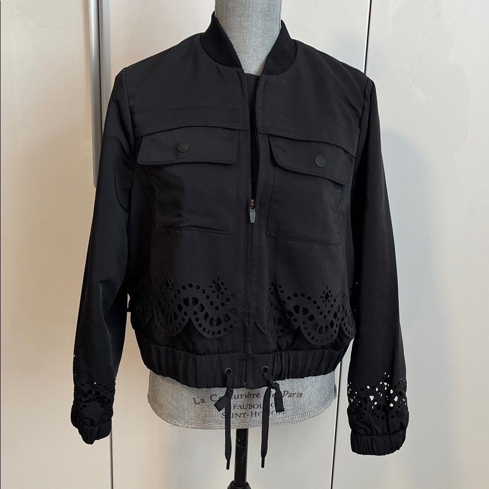 Kendall & Kylie NWOT Black Eyelet Bomber Satin Effect Jacket, Size M